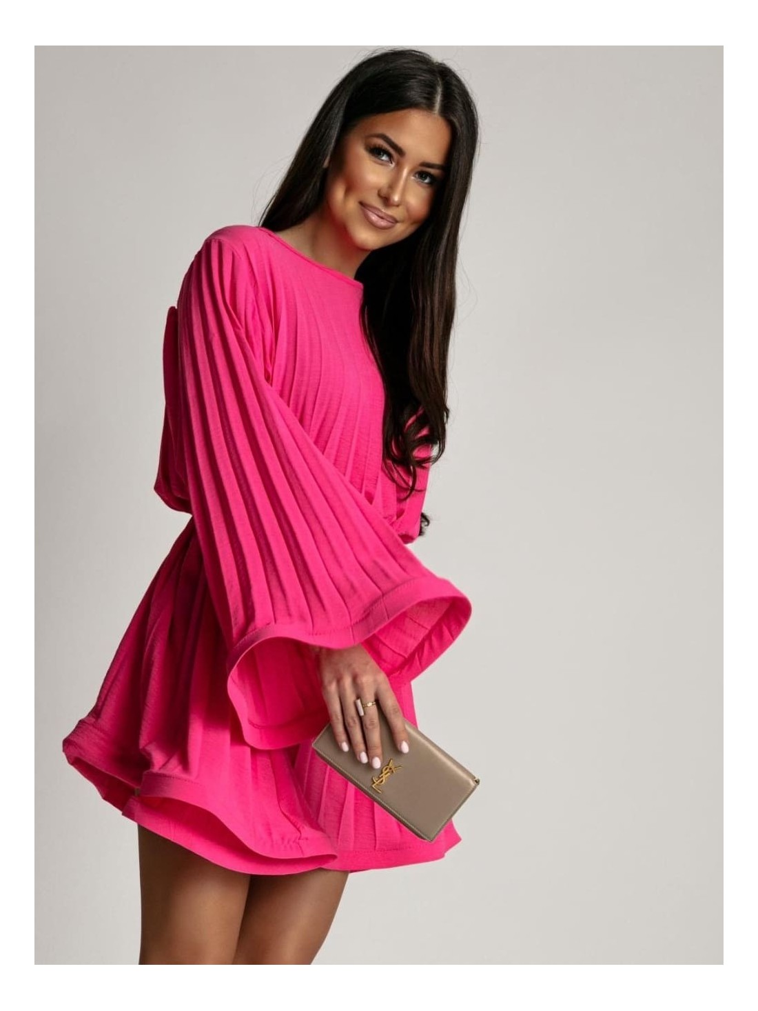 Pleated dress with wide sleeves, dark pink AZR2604